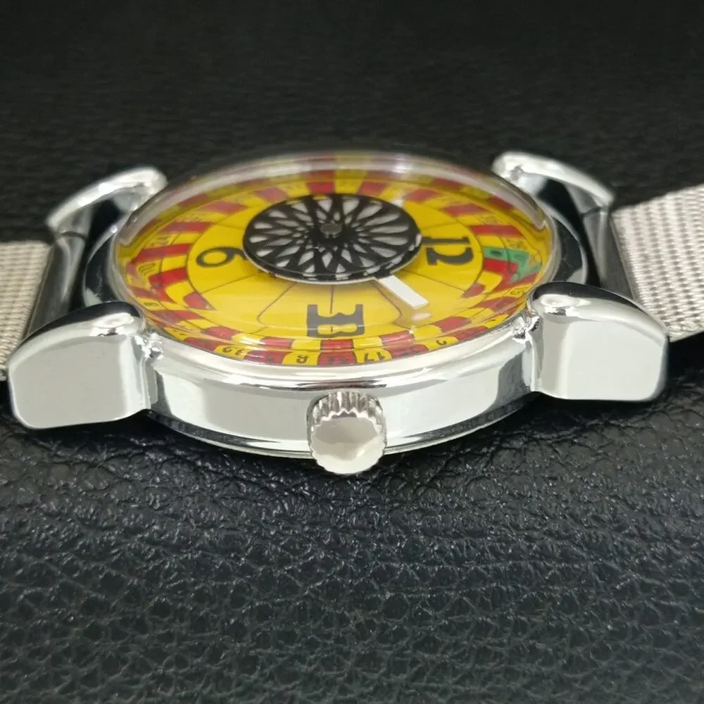 Vintage 1971 Roulette Manual Mens Silver Watch W/Steel Strap & Yellow accents